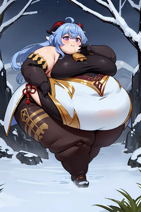 fat body, fat arms, masterpiece, best quality, 1girl, solo, fat belly, thick thighs, long hair, breasts, looking at viewer, big cheeks, cute and fat face, bangs, gloves, bare shoulders, fat neck, medium breasts, cute pose, blue hair, purple eyes, flower, a...