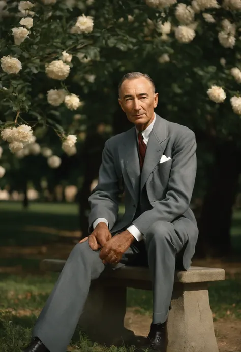 A photo of Oppenheimer sitting alone in a park, surrounded by trees and flowers in full bloom.,World War II,J. Robert Oppenheimer was a slender, sharp-featured man, often seen with a cigarette in hand, which complemented his contemplative demeanor. He had ...