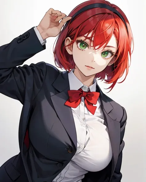 Teenage girl with red short bob, Green eyes, and large breasts.,Hair band on the head,Blazer School Uniform,Bow tie on chest