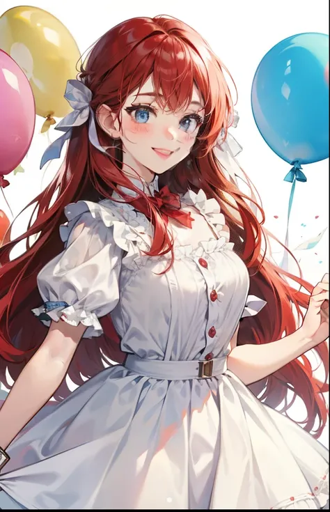 girl with、Background white、without background、Red hair、The long-haired、Contrasting bangs、White dress、bow ribbon、Have a balloon、Colorful balloons、with blush cheeks、Smiling、kawaii、without background