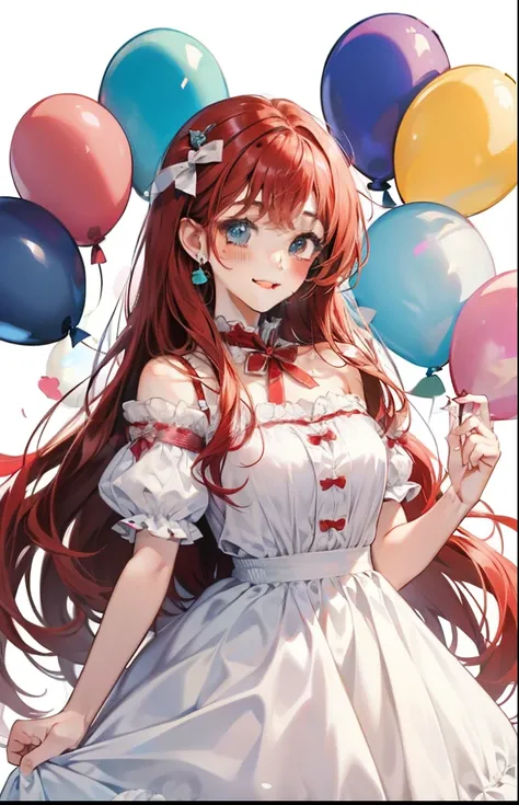 girl with、Background white、without background、Red hair、The long-haired、Contrasting bangs、White dress、bow ribbon、Have a balloon、Colorful balloons、with blush cheeks、Smiling、kawaii、without background