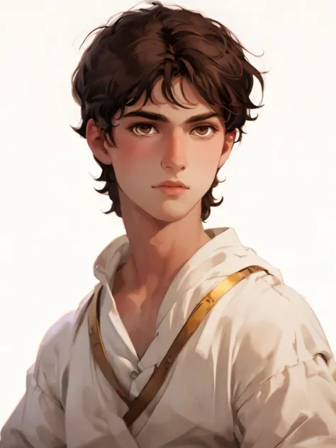 ultra-detailed,illustration, a 25-year-old boy with brown hair, dark eyes, an oval face, and a straight nose, wearing a combination of white clothes, resembling a mix between Greek style and European pajamas.