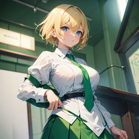 1个Giant Breast Girl, blond hairbl, short detailed hair, eBlue eyes, white  shirt, green necktie, Green skirt, 城市, Sateen, detailedbackground