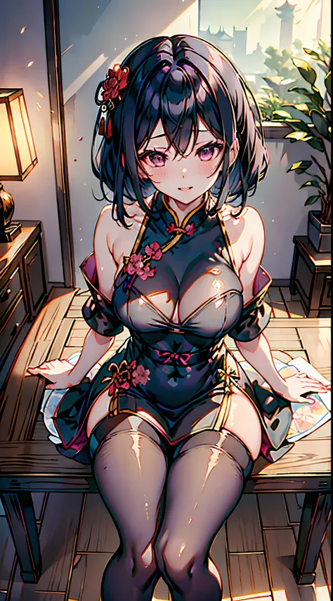 anime,night,magazine scan,wearing a black 1D seamless pantyhose,parted bangs,1girl,cheongsam,short hair,solo,lipstick,grin,pantyhose,purple qipao,solo,china dress,dark,gorgeous living room,black hair,sitting,tree,photo background,soft hair loss,indoor,full...