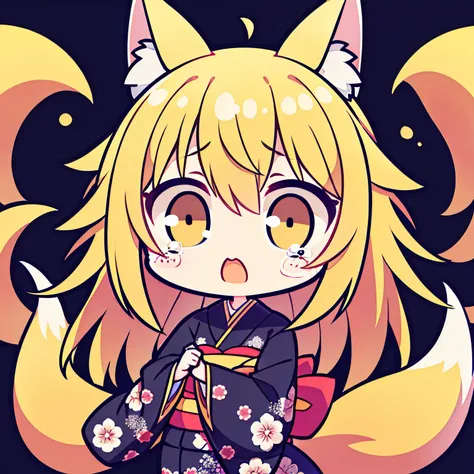 Illustration, Golden Fox、Lots of Tails、Golden Eyes、length hair、Golden hair、a large amount of hair、(1 girl in,Little Girl,Chiquita),Traditional kimono,Black kimono,a lot of big fox tails、(Golden Eyes、Fox ears、length hair、Golden hair,Hair flowing in the wind...