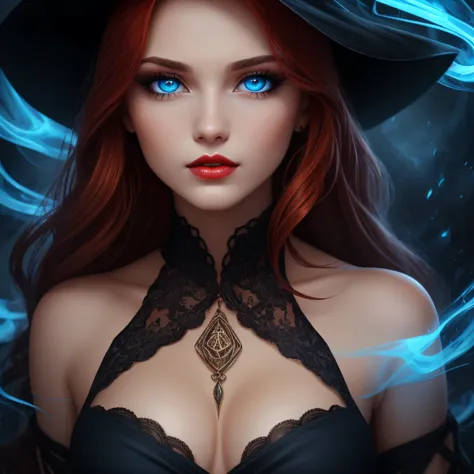 1girl, (witchcore, witchcraft, pagan, mystical, nature, occult), close up, beautiful, sophisticated 30-year-old redhead enchantress, hourglass figure, small breasts, silky black dress (bare shoulders), symmetrical, highly detailed face, long flowing hair, ...