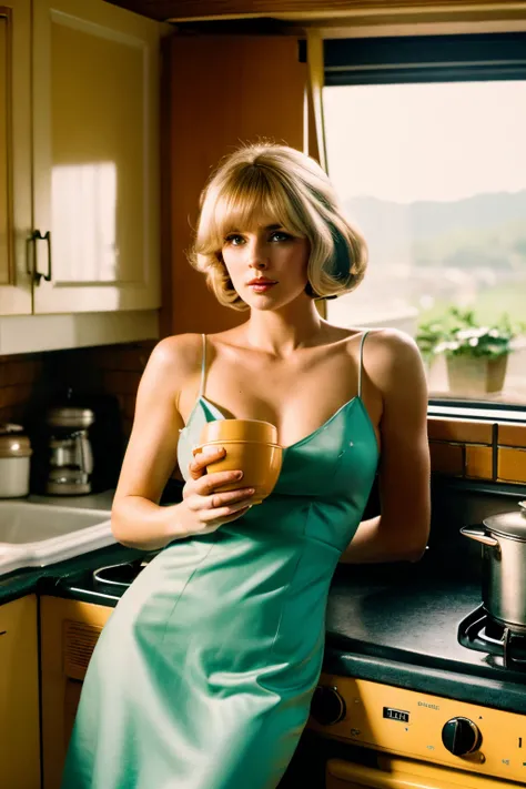 Low angle shot, an athletic honey blonde, wearing a vintage 1960s dress, SixtiesHighFashion, 1960s hairstyle, medium breasts, not exposed, cooking, food pots on a stove in a sunny ((1960s kitchen)), looking away from viewer, beautiful view out the windows,...