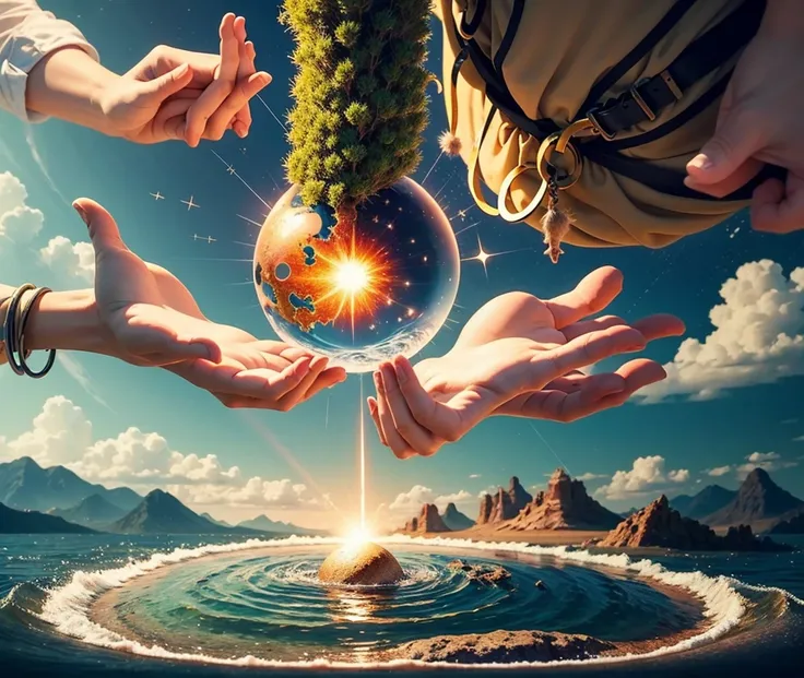 Create an image that represents the creation of the world, inspired by the Book of Genesis, Chapter 1, highlighting the elements described in the narrative, such as light, the firmament, the waters, the separation between water and land, plants, animals an...