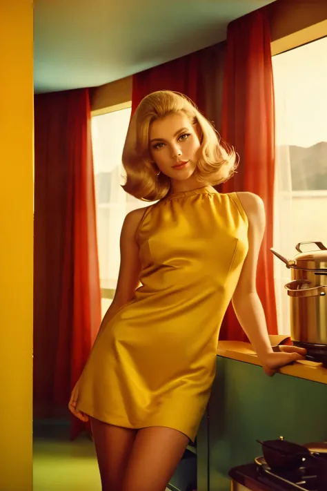 Low angle shot, an athletic honey blonde, wearing a vintage 1960s dress, SixtiesHighFashion, 1960s hairstyle, large breasts, not exposed, cooking, food pots on a stove in a sunny ((1960s kitchen)), looking away from viewer, beautiful view out the windows, ...