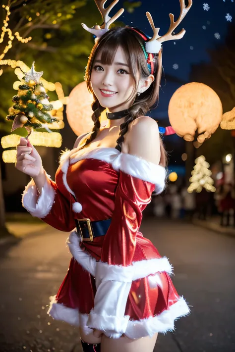 (((Two-shot photo of two cosplayers:1.3))),(((Gorgeous Christmas illuminations on street trees:1.3))),christmas tree night lighting,(((Santa Claus cosplay woman:1.3))),(((A woman enjoying cute reindeer cosplay:1.3))),a miniskirt,off shoulder with sleeves,(...