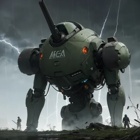 Man from behind, robot, meca, after war, vegetation, bugs, rain, classic modern, lightning, gloomy, people, day time