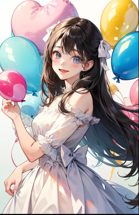 girl with、Background white、without background、A dark-haired、The long-haired、Contrasting bangs、white dres、bow ribbon、Have a balloon、Colorful balloons、with blush cheeks、Smiling、kawaii、without background