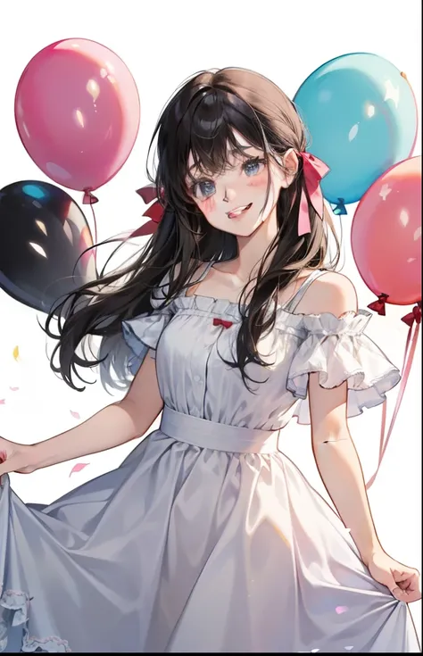 girl with、Background white、without background、A dark-haired、The long-haired、Contrasting bangs、white dres、bow ribbon、Have a balloon、Colorful balloons、with blush cheeks、Smiling、kawaii、without background