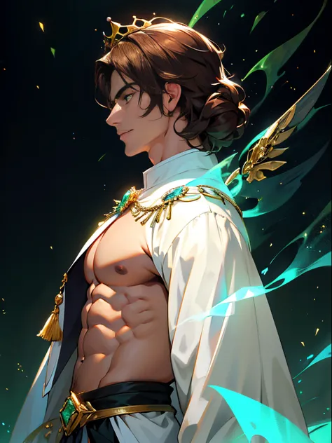 Persian man, abs, brown hair, wearing crown, gold and precious gem surround him, royal outfit, soft face, ethereal, fierce look, glowing green eyes, side profile view,