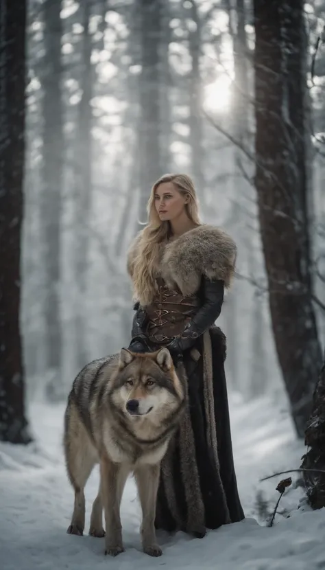 Blonde girl in armor in icy forest，Next to it is a large brown wolf in armor