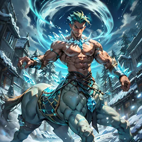 (green short hair), (((male centaur))), ((bodybuilder)), ((very muscular)), ((broad chest)), ((thick pectorals)), abs, (((small ...