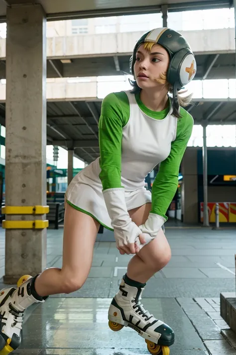 1girl, solo, jsrgum, helmet, short dress, striped sleeves, white gloves, roller skates, racing pose, skating on a bus station