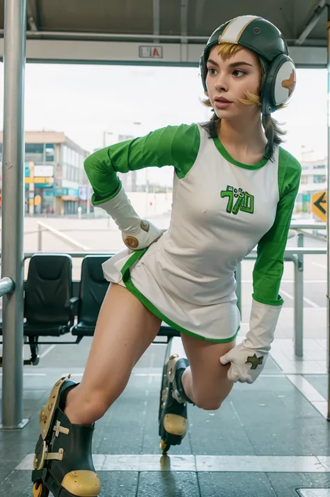 1girl, solo, jsrgum, helmet, short dress, striped sleeves, white gloves, roller skates, racing pose, skating on a bus station