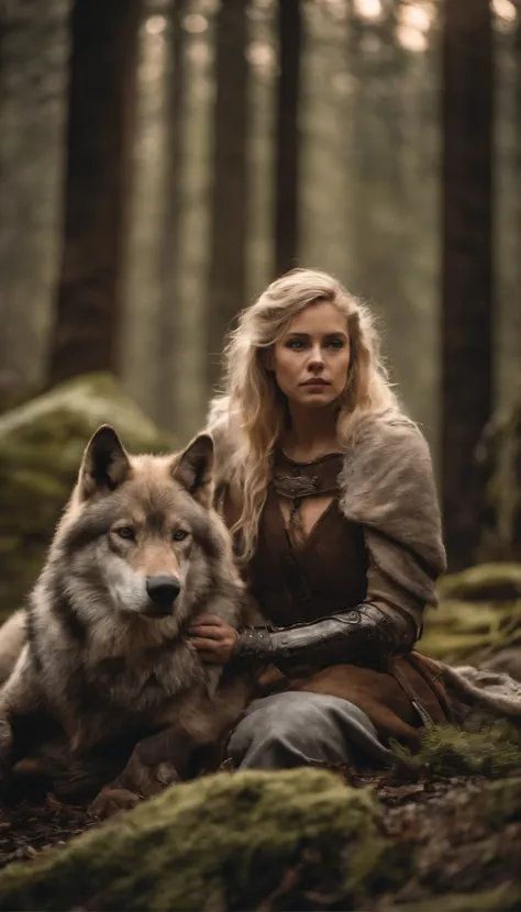 Blonde girl in armor in icy forest，Next to it is a large brown wolf in armor