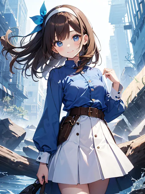 top-quality、extremely delicate and beautiful、teens girl、11 year old、(dark brown hair)、Blue clothes with vertical buttons、Belt at waist、White skirt、(poneyTail))、(white hairband)、(Brown boots)、blue eyess、is standing、A smile