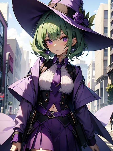 top-quality、extremely delicate and beautiful、(A teenage girl)、Purple Eye、Green hair、short-haired、(purple witch hat)、Purple tie、Tactical Vest、Soio、shortsleeves、Purple skirt、Purple Wizard Robe、Navel、is standing、Facing the front、