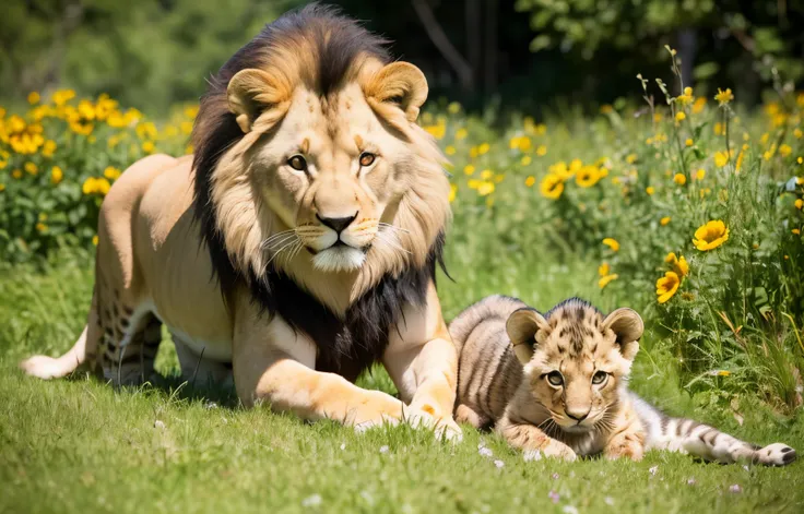 Lion cub and wolf pup in flowers