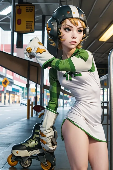 1girl, solo, jsrgum, helmet, short dress, striped sleeves, white gloves, roller skates, on a bus station, cross-body stretch, st...