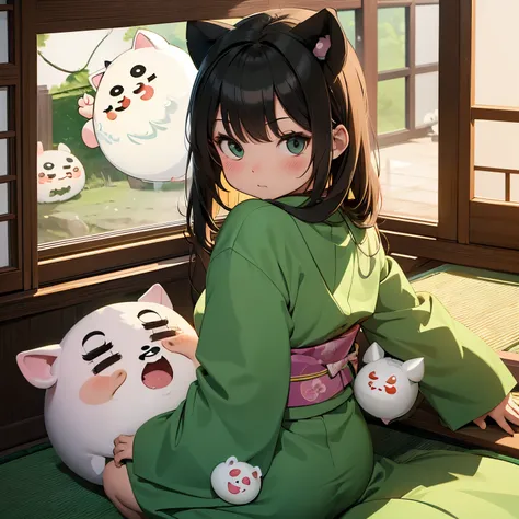 one chibi character, deformed, A cute cartoon-style anthropomorphic pig, sitting in a green kimono, pig nose, (spoken boo:1.5), Japanese-style room window