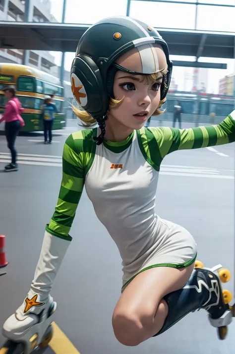 1girl, solo, jsrgum, helmet, short dress, striped sleeves, white gloves, roller skates, racing pose, skating on a bus station