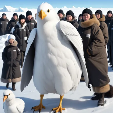 Tall white bird like figure with dirty long straight fur hair with extra large curved beak in Antarctic like region with many people surrounding the figure