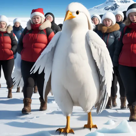 Tall white bird like figure with dirty long straight fur hair with extra large curved beak in Antarctic like region with many people surrounding the figure