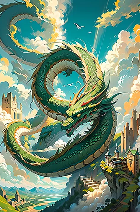 1dragon, flying through the air, (long dragon), (oriental dragon), fantasy art, green dragon, giant dragon, portrait, above a me...