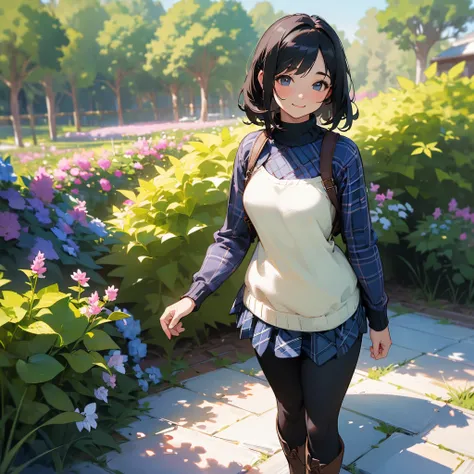 (High quality, High resolution, Ultra-detailed, Realistic:1.37), peaceful ambiance, (plein air, garden), Teenage girl standing alone, (My breasts are big.), Beautiful detailed features, Cute smile, (Black bob hair), Rib Sweater, blue plaid skirt, Black tig...