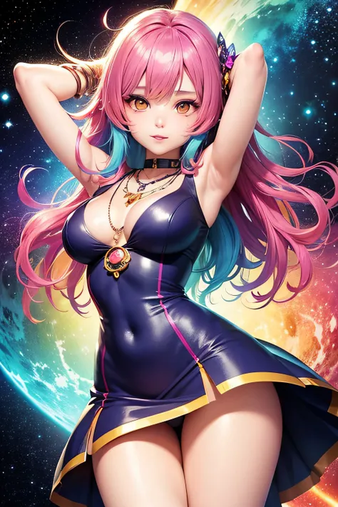 Close-up of a woman with colorful hair and necklace, anime girl with cosmic hair, The soft vibrancy of Ross Dress, Gviz-inspired artwork, Fantasy Art Style, Colorful], vibrant fantasy style, Los Draw&#39;s energetic manga, cosmic and colorful, guweiz, colo...