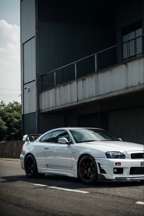 GTR R34 car, black color, white wheel color, on a high-speed road