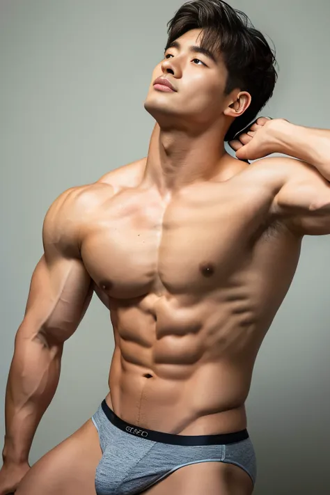 Masterpiece, Best Quality, Solo, Korean Men, bodybuilder, Muscular body, big muscle, Natural eyes, Short and delicate hair, Sexy Man, looking up at viewer, mens underwear, Standing, Muscular posture