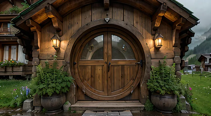 a hobbit house in the middle of swiss alps, at rainy night, hobbit rounded doors, hobbit rounded windows