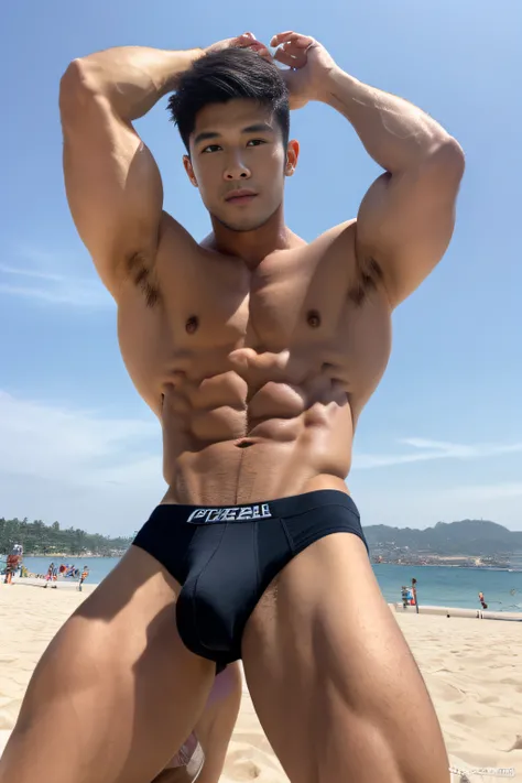 Masterpiece, Best Quality, Solo, Korean Men, beach baground, bodybuilder, Muscular body, big muscle, Natural eyes, Short and delicate hair, Sexy Man, looking up at viewer, mens underwear, Large protrusions, Erection, Muscular posture