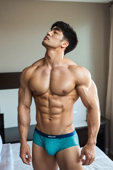 Masterpiece, Best Quality, Solo, Korean Men, Whole body, bedroom, bodybuilder, Muscular body, big muscle, Natural eyes, Short and delicate hair, Sexy Man, looking up at viewer, Mens underwear, Large protrusions, Erection, standing, Muscular posture