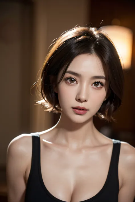 Skin Tight Black Top:1.2, Looking at Viewer, Cinematic lighting, Perfect, softlight, High resolution skin:1.2, Realistic skin texture,30 years old mature woman、 Realistic face, off shoulders, Exposed cleavage,natural make up、 Detailed red eyes、 Short hair,...