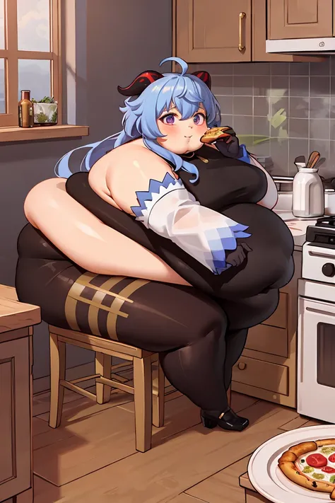 fat body, fat arms, masterpiece, best quality, 1girl, solo, fat belly, thick thighs, long hair, breasts, looking at viewer, big cheeks, cute and fat face, bangs, gloves, bare shoulders, fat neck, medium breasts, cute pose, blue hair, purple eyes, flower, a...