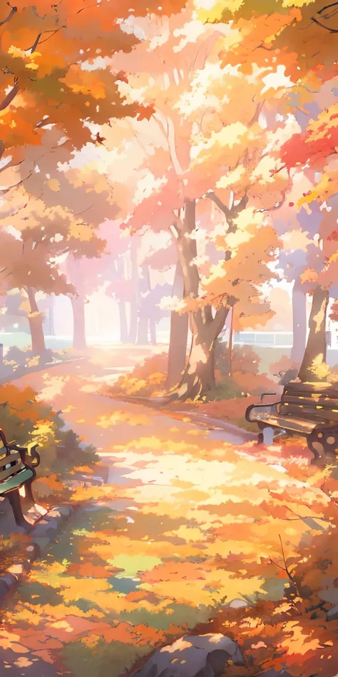 There is a painting，Drawing of woman sitting on park bench, Anime background art, Anime beautiful peaceful scene, background artwork, soft autumn sunlight, anime lush john 8k forest, beautiful anime scenery, beautiful anime scenes, anime backgrounds, arte ...