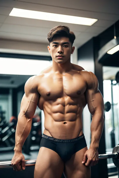 Masterpiece, Best quality, Solo, Korean man, gym background, bodybuilder, muscle body, big muscle, Natural eyes, large bulge, short detailed hair, Sexy guy, looking at viewert, black Brief, triangular mens underwear, standing