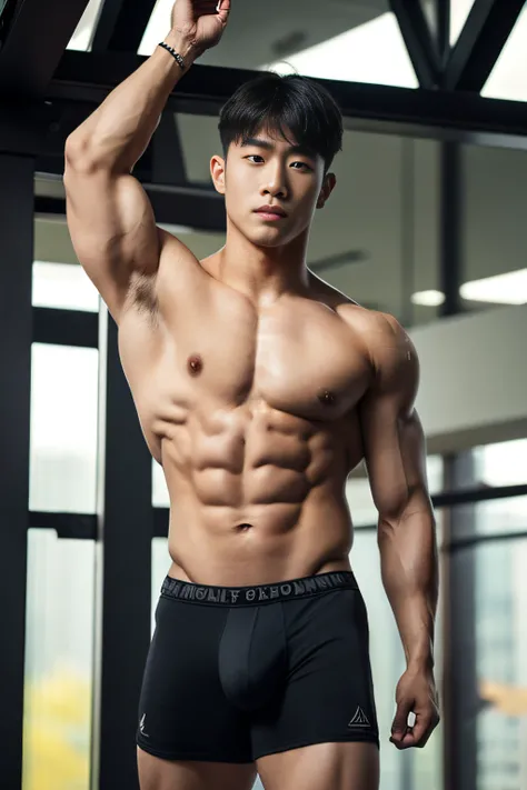 Masterpiece, Best quality, Solo, Korean man, gym background, bodybuilder, muscle body, big muscle, Natural eyes, large bulge, short detailed hair, Sexy guy, looking at viewert, black Brief, triangular mens underwear, standing