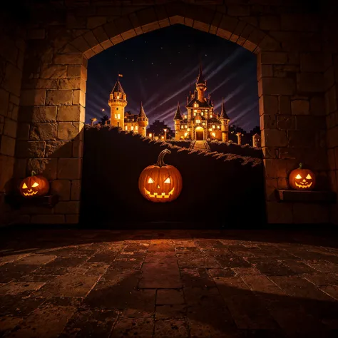 Make a backdrop and sprite of a haunted castle floor and background in Pixelart Sprite shapes, "sem personagens, cartoonizado, Pixelart scenery floor and haunted castle background, at night around several haunted halloween pumpkins 🎃