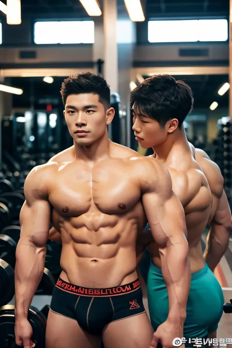 Masterpiece, Best quality, 2 Korean men, gym background, bodybuilder, muscle body, big muscle, Natural eyes, large bulge, short detailed hair, Sexy guys, looking at each other, black Brief, triangular mens underwears, standing