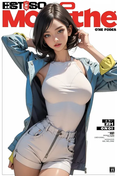 1girl, sfw, cap, shorts, jacket, white t-shirt, nice slim body, big breasts, (Magazine cover style illustration of a fashionable woman in vibrant outfit posing in front of a colourful and dynamic background. She has a confident expression and is posing. Th...