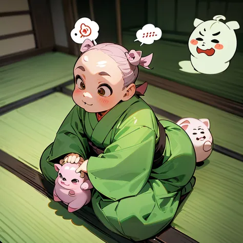 cartoon-style, (chibi character, deformed, full body, big head:1.5, line art), anthropomorphic fat cute pig girl, pig nose, green kimono, sitting, (spoken boo:1.5), (fukidashi boo:1.5), Japanese-style room window