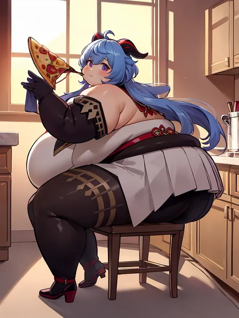 fat body, fat arms, masterpiece, best quality, 1girl, solo, fat belly, thick thighs, long hair, breasts, looking at viewer, big cheeks, cute and fat face, bangs, gloves, bare shoulders, fat neck, medium breasts, cute pose, blue hair, purple eyes, pantyhose...