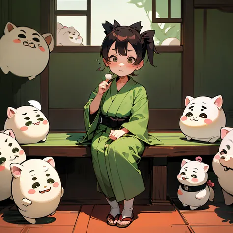 cartoon-style, (chibi character, deformed, full body, big head:1.5, line art), anthropomorphic fat cute pig girl, pig nose, green kimono, sitting, (spoken boo:1.5), (fukidashi boo:1.5), Japanese-style room window